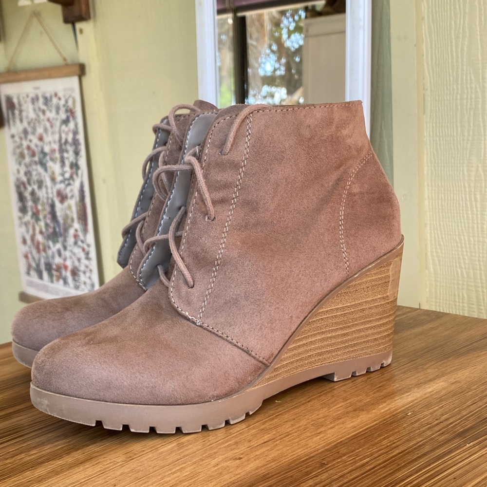 SODA Faux Suede Lace-Up Wedge Ankle Boot